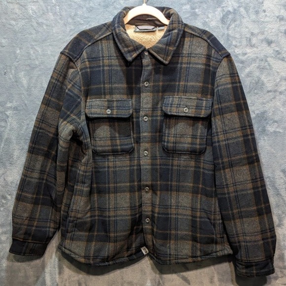 Free Country Other - Free Country Mens Plaid Fleece Shirt Jacket Sherpa Lined Blue Brown Grey L